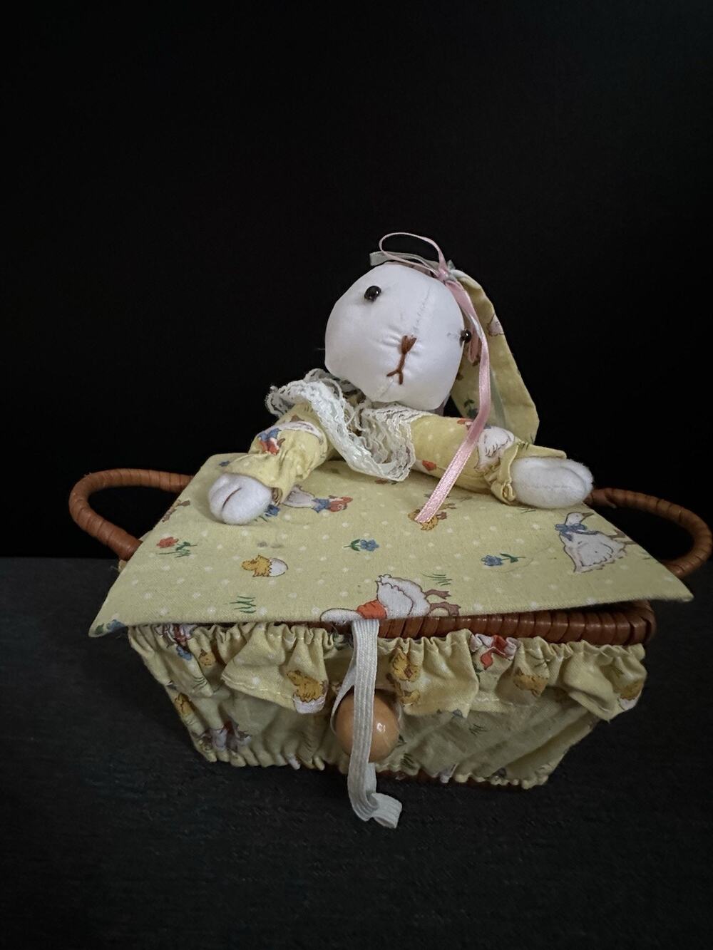 Handmade Easter Bunny Basket Peter Rabbit Style Fabric Hinged Lid Vintage Decor